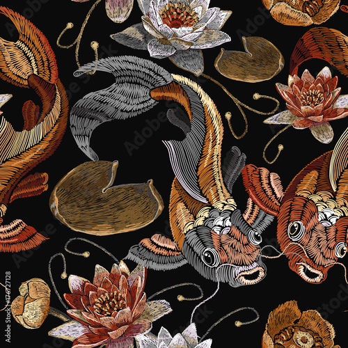 Embroidery vintage koi fish and water lily seamless pattern, japanese pattern. Classical embroidery koi carp, pink and white lotuses and water lilies, vintage template clothes, t-shirt design