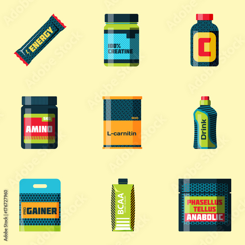 Sport nutrition healthy food fitness diet bodybuilding proteine power drink athletic supplement energy vector illustration.