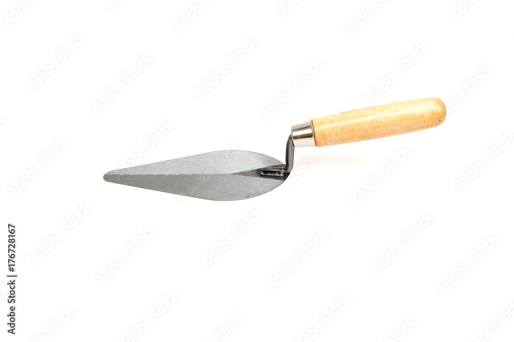 trowel with wooden handle for concrete work on white background