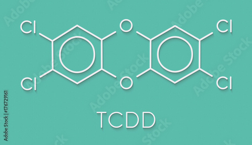 TCDD polychlorinated dibenzodioxin pollutant molecule (commonly called dioxin). Byproduct formed during incineration of chlorine-containing materials. Skeletal formula. photo