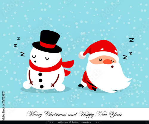 Santa Claus and Snowman sleep. Emotional Christmas and New Year's characters. Humorous collection. Vector illustration