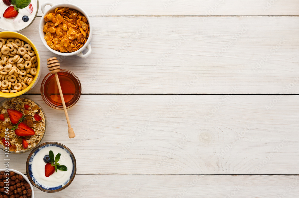 Healthy breakfast meals on wooden table copy space Healthy breakfast meals on wooden table copy space