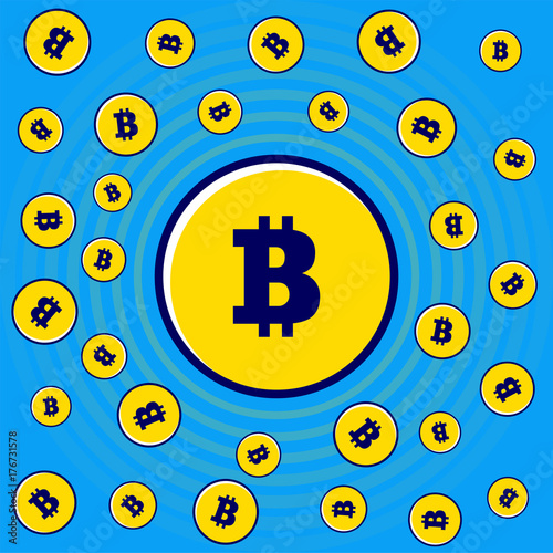 Flying gold flat bitcoins pattern. Background of flying gold bitcoins as a pattern for designers and illustrators. Cover of floating gold pieces in the form of vector illustration