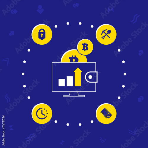 The necessary resources for the mining of cryptocurrency. Bright circular scheme in a flat style.