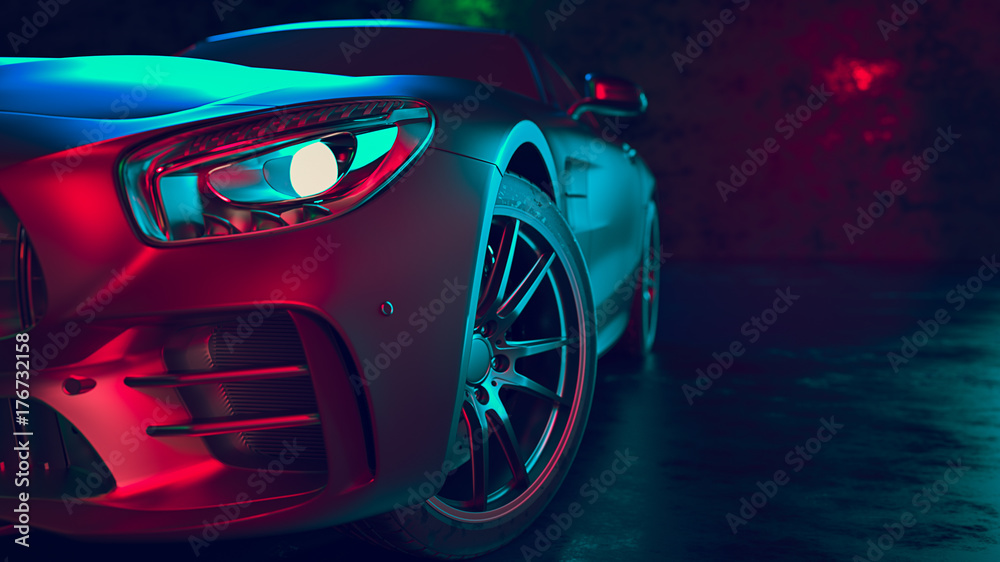 Modern cars are in the studio room. 3d illustration and 3d render. - obrazy, fototapety, plakaty 