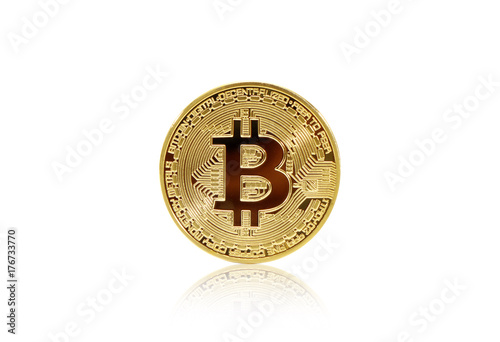 Golden bitcoin on isolate white background.