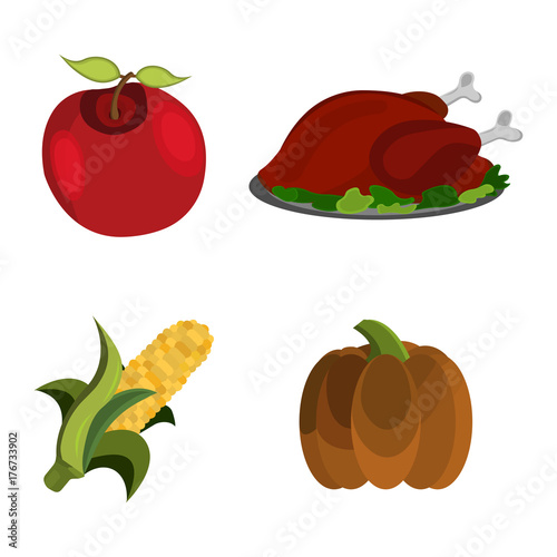 Set of Thanksgiving Day: Apple, Turkey, Corn, Pumpkin icon. Cartoon style. Vector Illustration