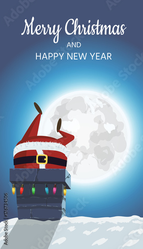 Santa Claus on the roof. Goes down the stairs to the chimney with gifts. A winter festive poster design