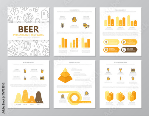 Set of colored beer and bar, pub elements for multipurpose a4 presentation template slides with graphs and charts. Leaflet, corporate report, marketing, advertising, annual report, book cover design.