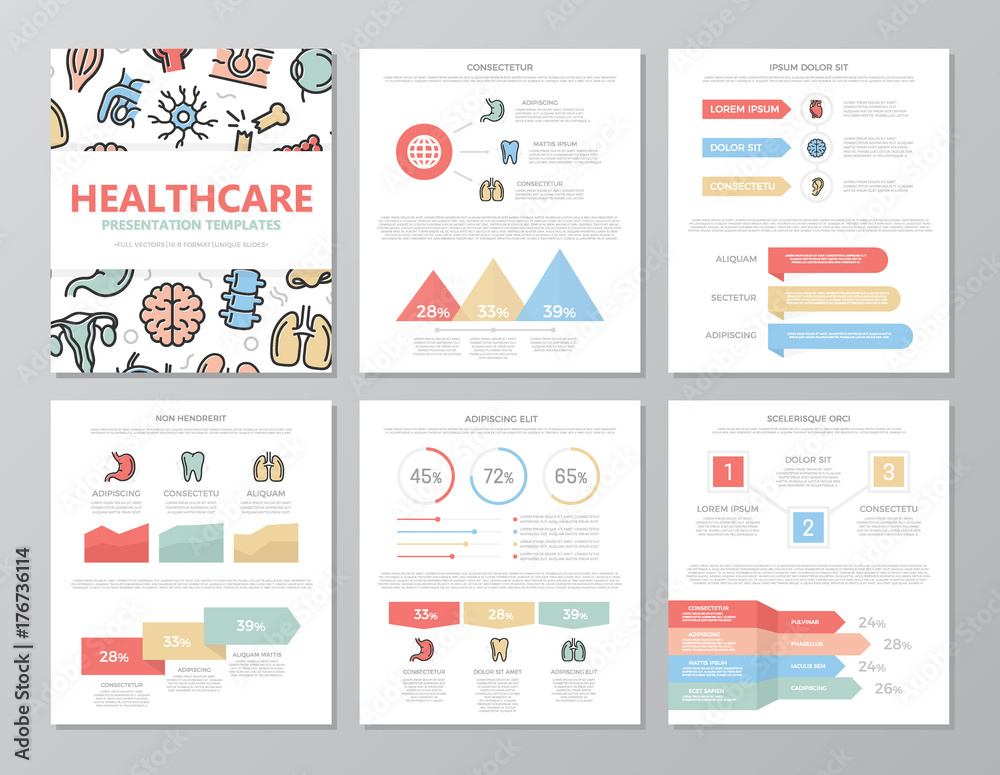 Set of colored medical and healthcare elements for multipurpose a4 presentation template slides with graphs and charts. Leaflet, corporate report, marketing, advertising, annual report, book cover