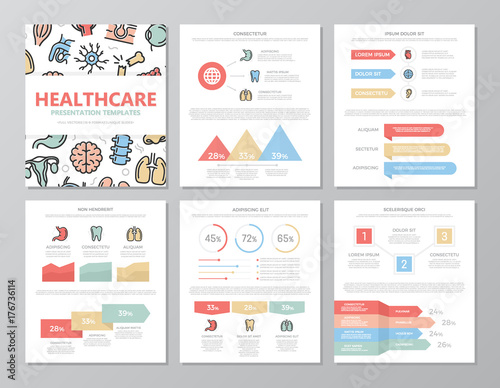 Set of colored medical and healthcare elements for multipurpose a4 presentation template slides with graphs and charts. Leaflet, corporate report, marketing, advertising, annual report, book cover