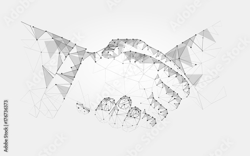 Two hands handshake polygonal low poly contract agreement monochrome on a light background. vector