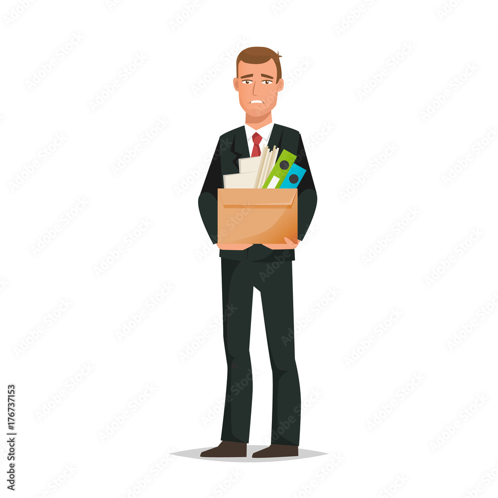 Man, office worker, holding box with documents, dismissal from work. Man, office worker, holding box with documents, dismissal from work.