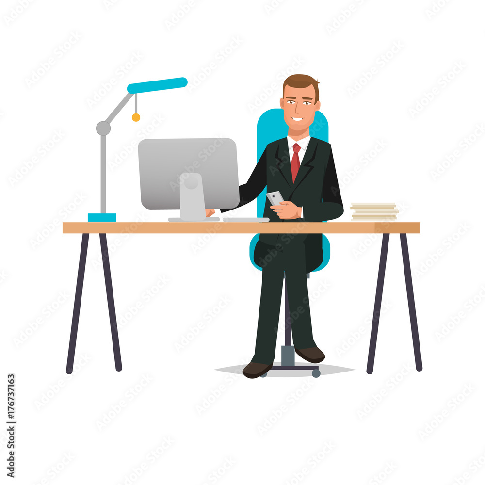 Office worker, in office at desk, near computer. Interior rooms. Office worker, in office at desk, near computer. Interior rooms.