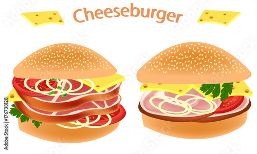 Sandwich.  Cheeseburger with smoked pork. Hamburger with smoked ham . Bun with butter, cheese, tomatoes, parsley and delicacy meat. Vector illustration.