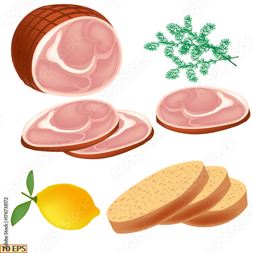 Ham isolated on a white background. Slices of smoked pork and bread. Delicious ham in a realistic style. Vector illustration.