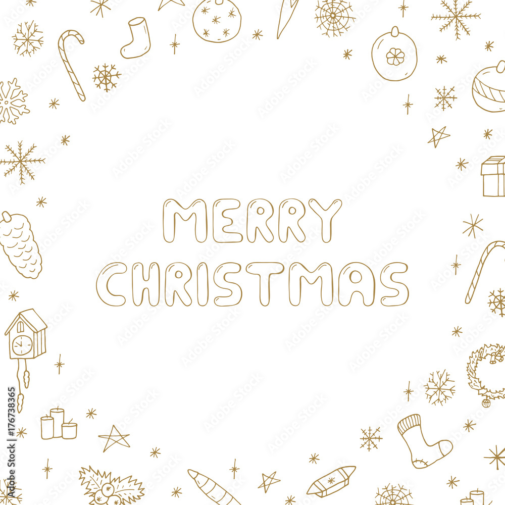 Hand drawn merry christmas frame. Vector illustration in doodle style