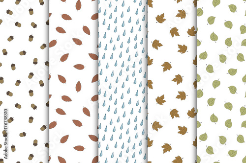 Collection of autumn seamless patterns with falling leaves, drops. Hand drawn design