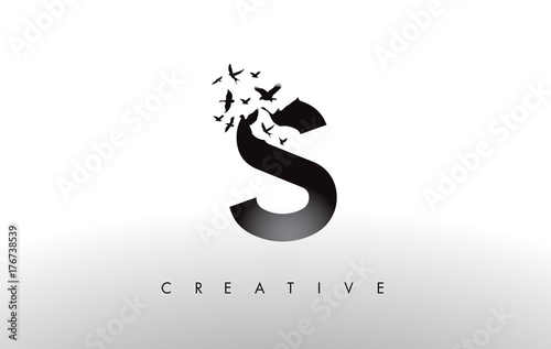 S Logo Letter with Flock of Birds Flying and Disintegrating from the Letter.