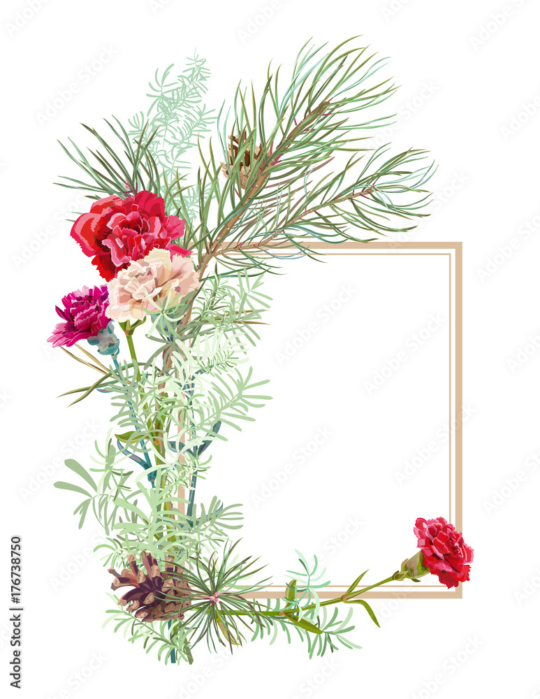 Bouquet of carnation, white, red flowers, green twigs asparagus, pine branches, cones, white background. Frame for Christmas, Mother's Day, digital draw, illustration in watercolor style, vector Bouquet of carnation, white, red flowers, green twigs asparagus, pine branches, cones, white background. Frame for Christmas, Mother's Day, digital draw, illustration in watercolor style, vector