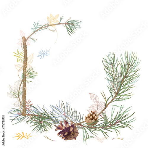 Framework with pine branches, cones, needles, decorative twigs and leaves on white background, hand digital draw, watercolor style, decorative botanical illustration for design, Christmas tree, vector
