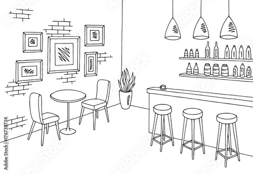 Cafe bar graphic black white interior sketch illustration vector