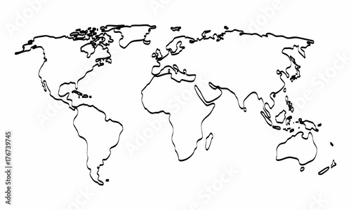 Fototapeta Naklejka Na Ścianę i Meble -  World map outline graphic freehand drawing on white background. Vector illustration