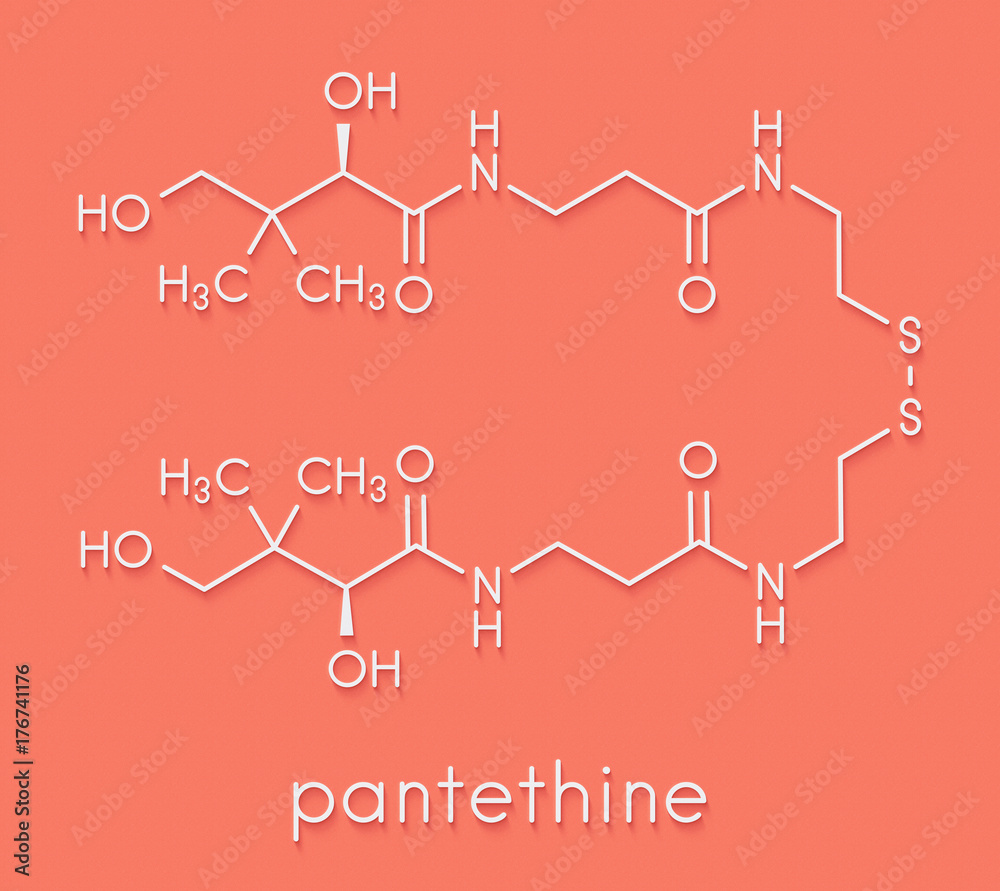 Pantethine (dimeric vitamin B5) molecule. Used in dietary supplements. Skeletal formula. Pantethine (dimeric vitamin B5) molecule. Used in dietary supplements. Skeletal formula.