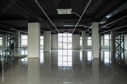 Interior with large windows and columns