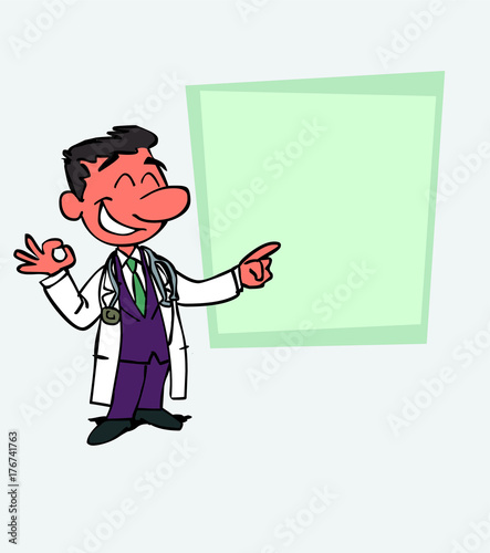 Happy white doctor makes the gesture of ok. Is showing, as in a presentation, the data you want.