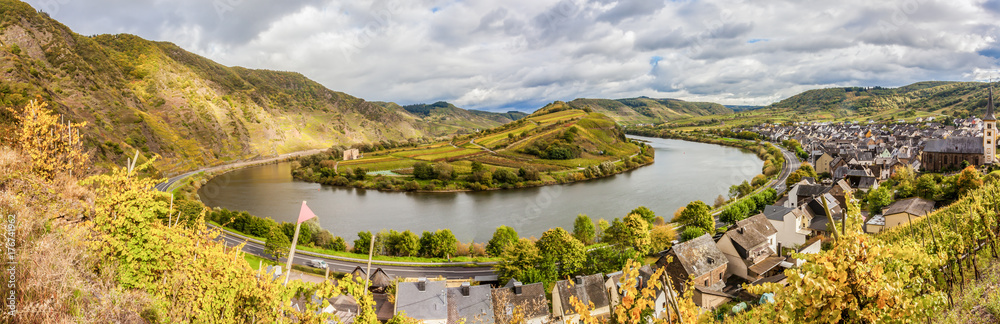Autumn Moselle Panorama Landscape and the village Bremm Germany