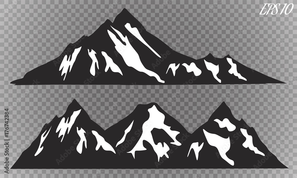 Fototapeta premium Set of mountain ridges silhouettes on white background. Outdoor and travel concept. Vector Illustration.