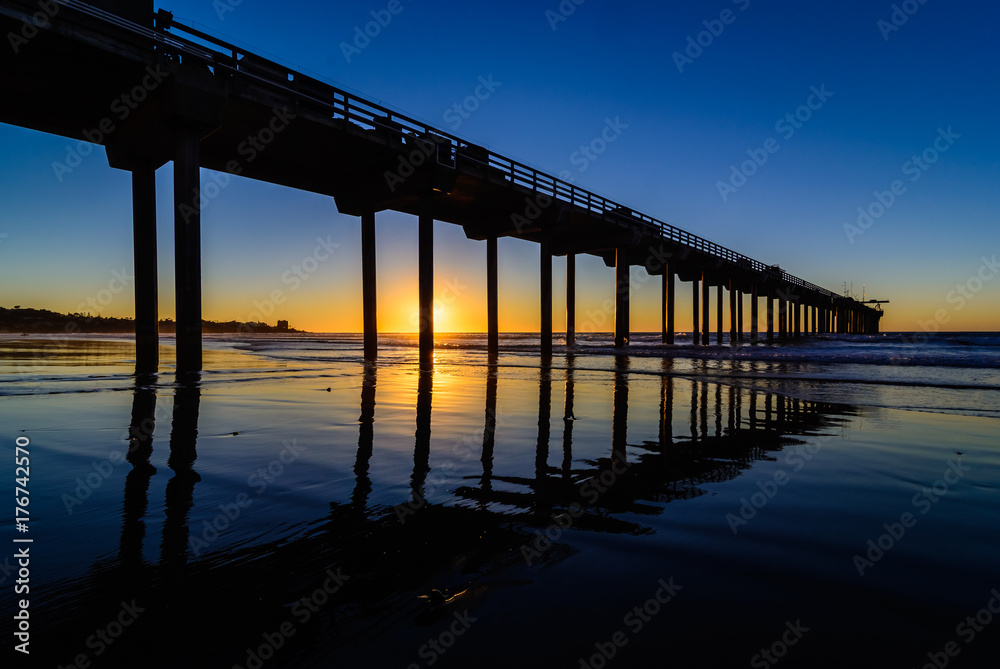 Silhouette of Scripps pier against the setting sun in San Diego, California