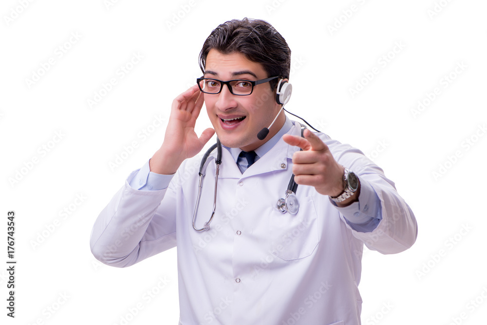 Young doctor with phone headset isolated on white Young doctor with phone headset isolated on white