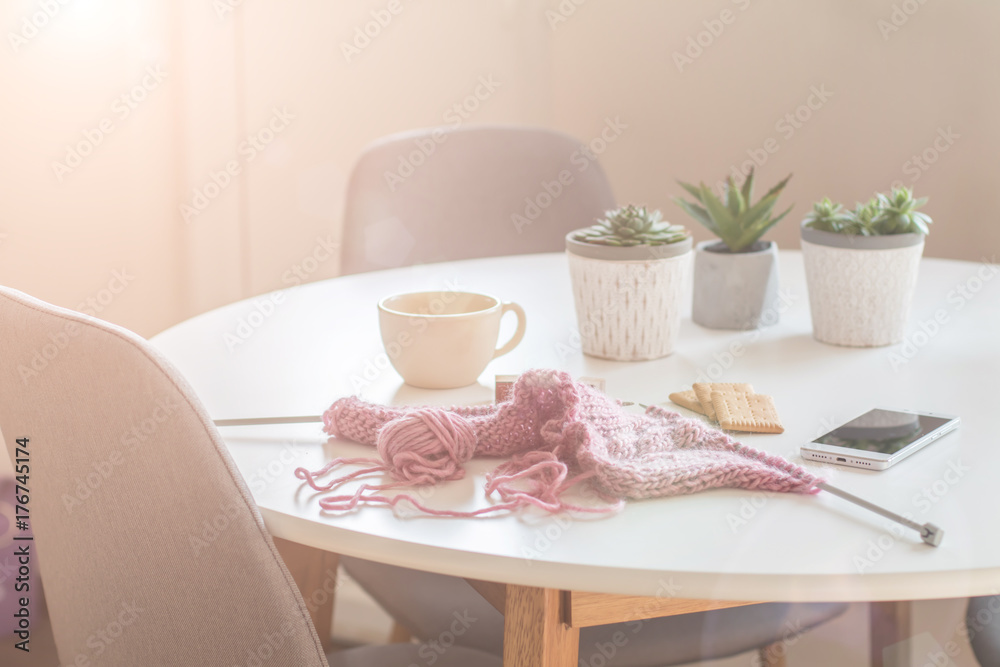 Knitting Crochet Club Creative Workspace Needlewoman White Round Table Cozy Workplace Vintage Sunny Bright Living Room Working at Home Concept