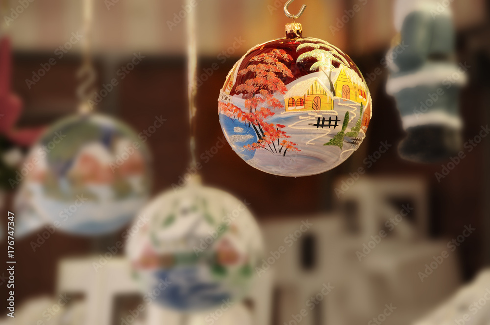 Christmas balls in a market, ornaments. Christmas balls in a market, ornaments.