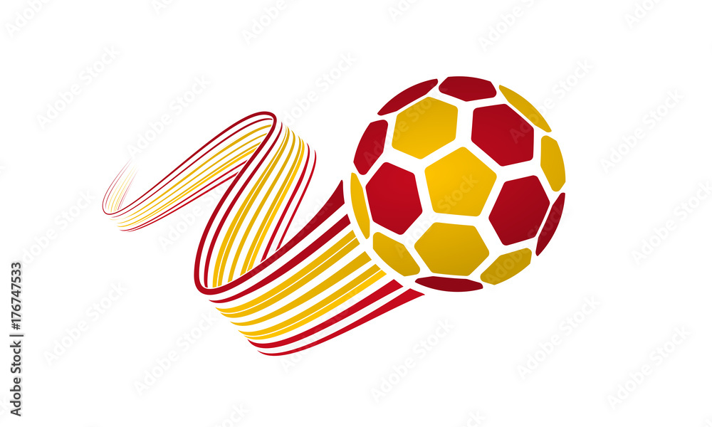 Obraz premium Spain soccer ball isolated on white background with winding ribbons on red and yellow colors