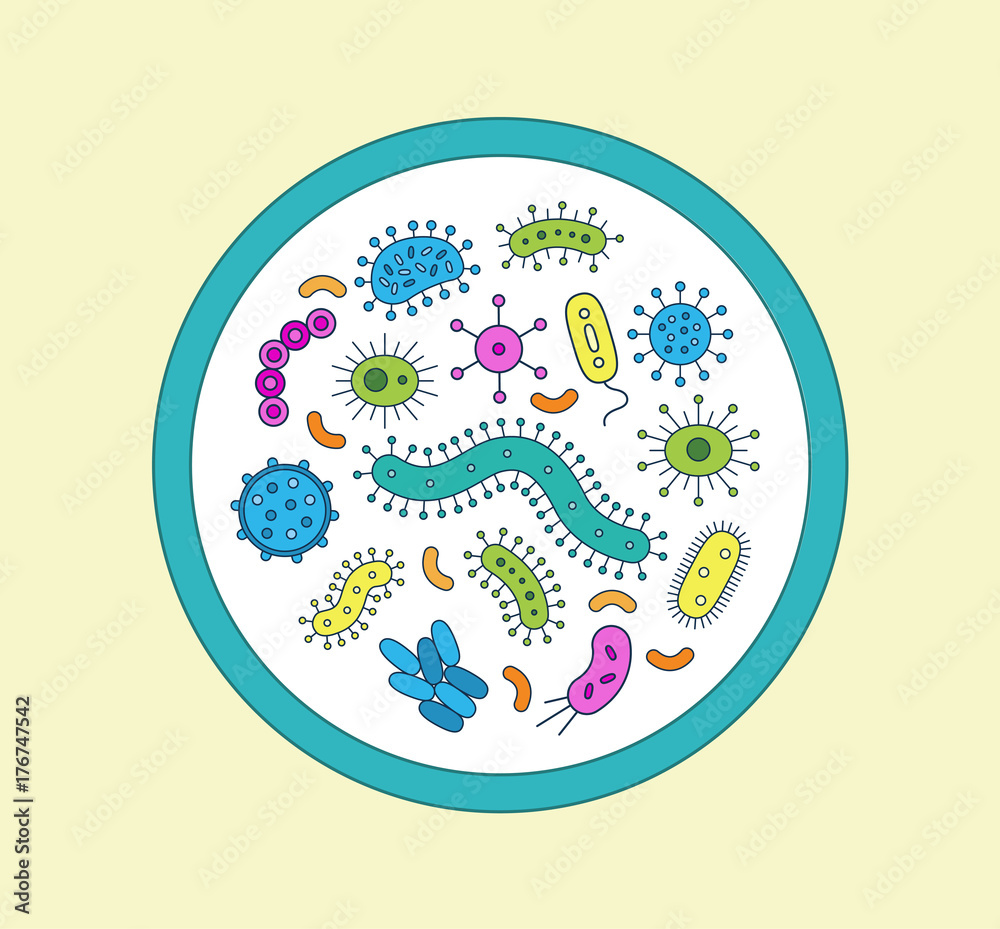 A circle of Germs / Bacteria - vector illustration - blue, pink, yellow, green, orange and teal germs
