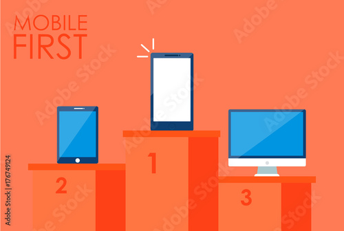 Mobile first strategy banner. Phone with laptop and other