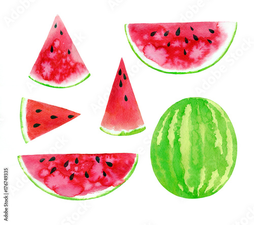 Watercolor set with watermelon slices. Raster hand drawn elements.