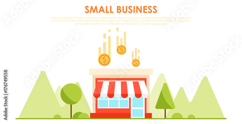 Small business banner. The shop is profitable. Horizontal background with trees and mountains