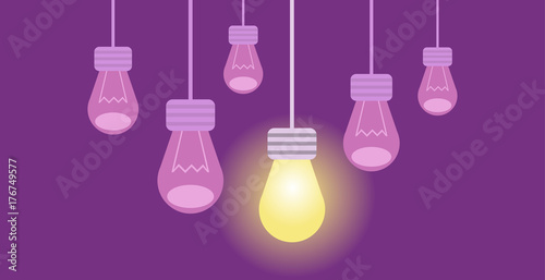 Innovation banner. Several lamps on a purple background, one of which lights the rest off