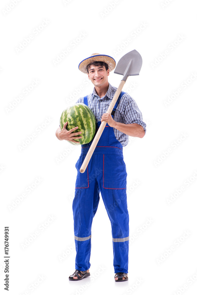 Young farmer with watermelon isolated on white Young farmer with watermelon isolated on white