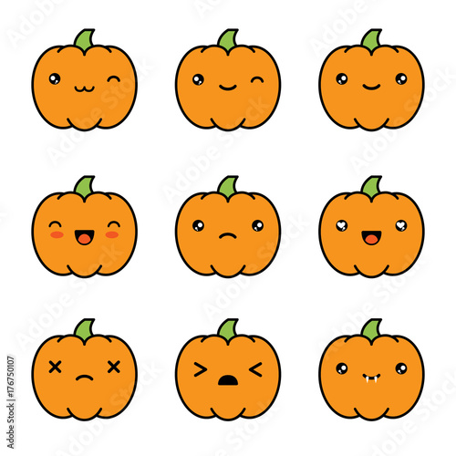 Halloween kawaii cute pumpkin icons isolated on white background.