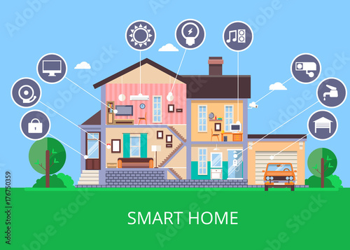Vector flat smart home in cut view