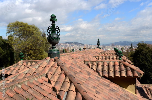 Tiled roof of a building in the garden of Laribal Barcelona. photo