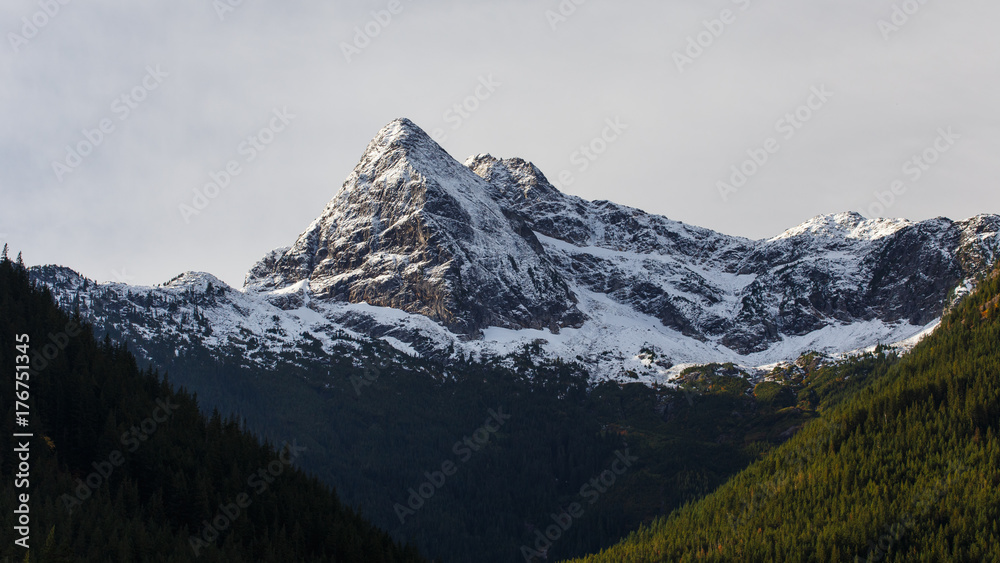 Morning view of Pyramid Peak in the Autumn Season located in the North Cascades National Park.
