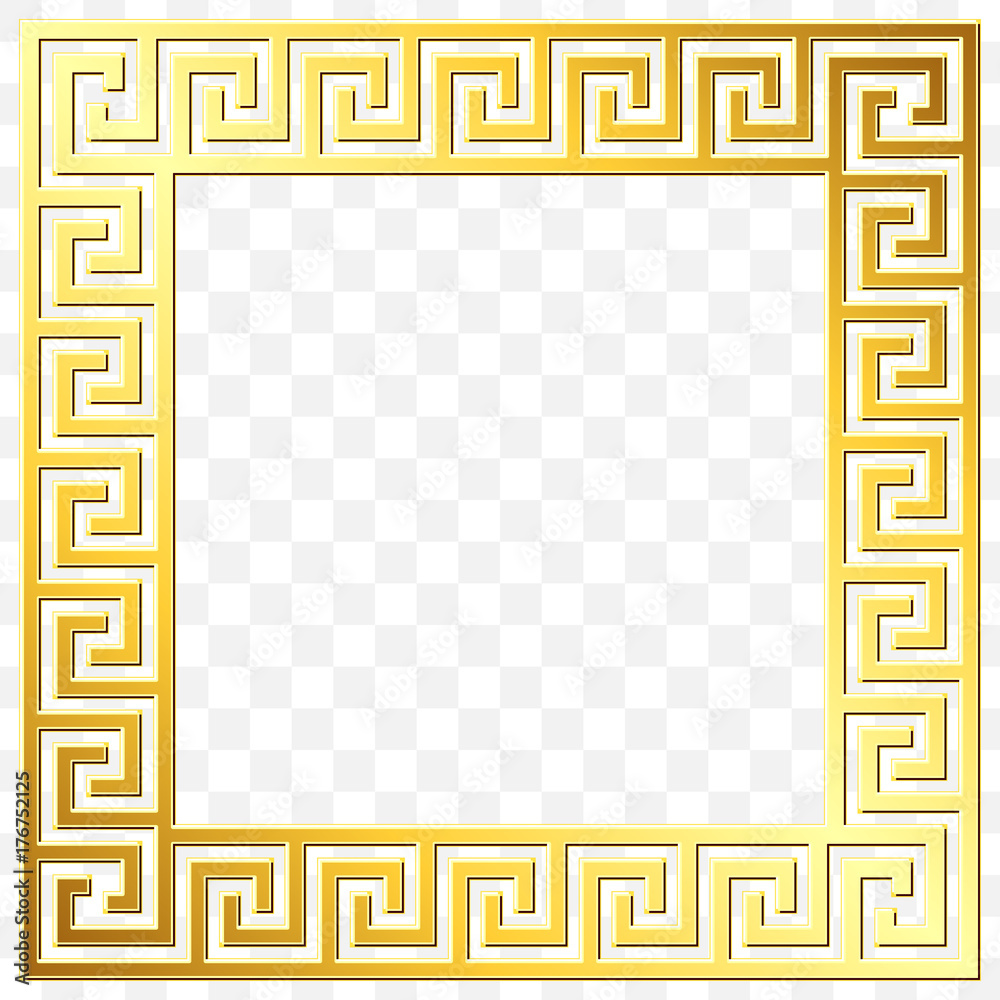 Square frame with traditional vintage Golden Greek ornament, Meander pattern on transparent background. Gold pattern for decorative tiles
