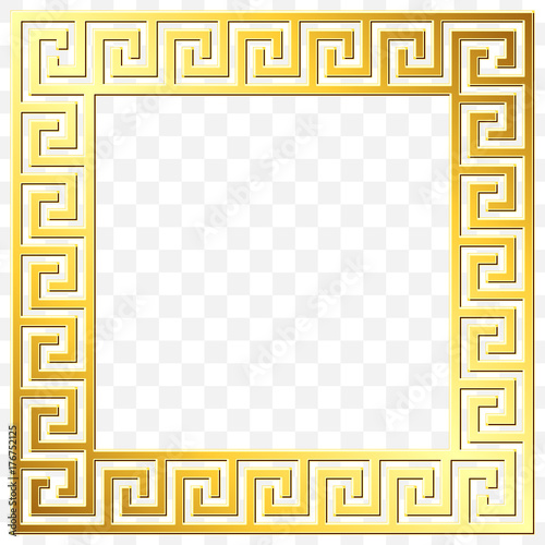 Fototapeta Naklejka Na Ścianę i Meble -  Square frame with traditional vintage Golden Greek ornament, Meander pattern on transparent background. Gold pattern for decorative tiles