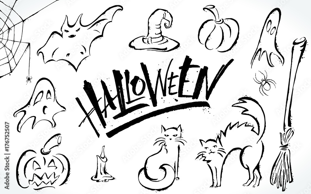 Halloween clipart set. Hand drawn pictures, vector illustration. Template for banners, posters, merchandising, cards or photo overlays.